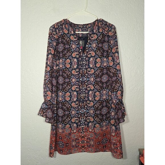 Vince Camuto Chiffon Lined Straight Shift Dress Size 2 Blue Print Long Sleeves - Picture 1 of 6
